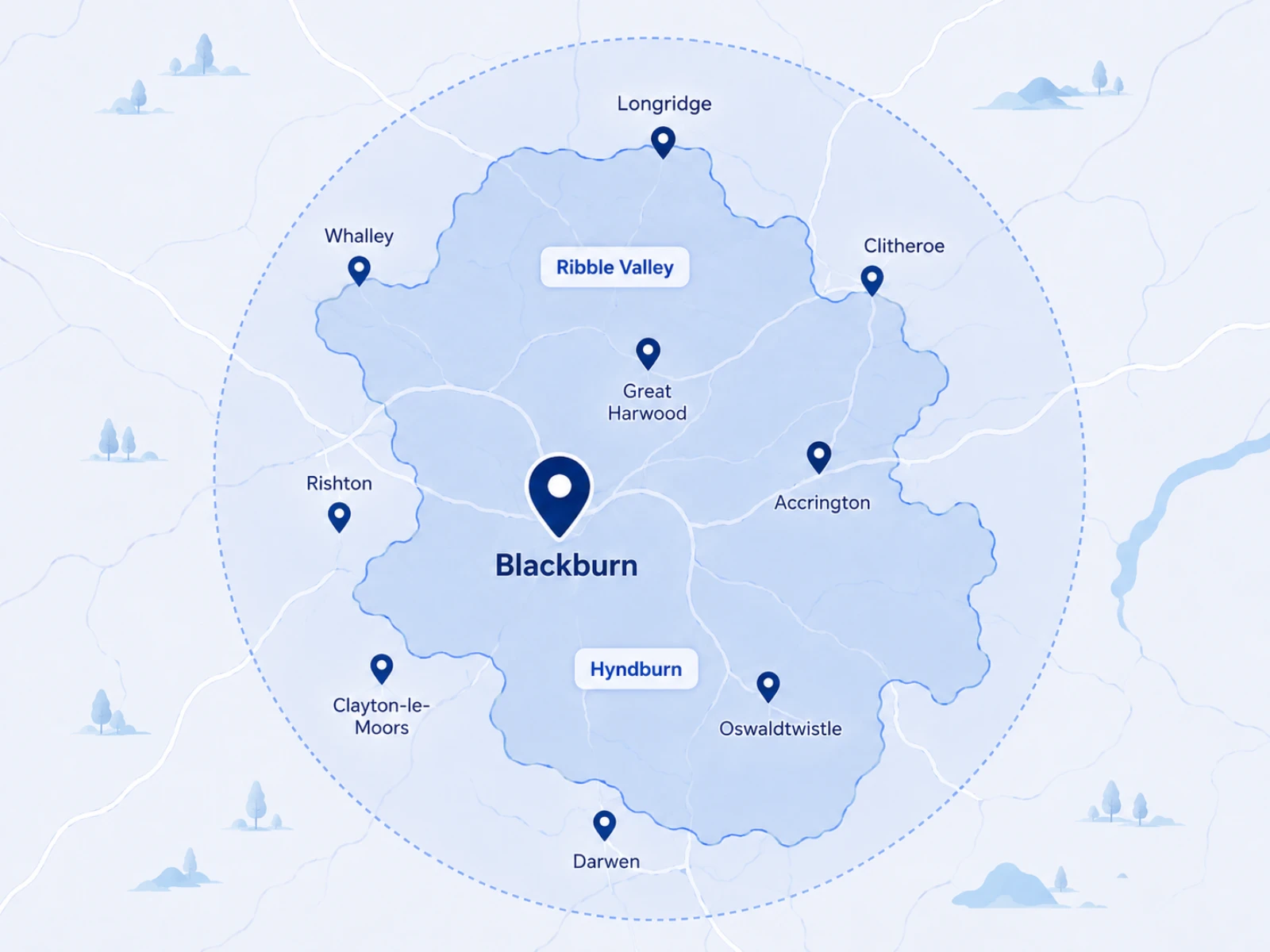 Service area map showing Blackburn, Hyndburn, Ribble Valley and surrounding areas covered by I & J Savage Electrical